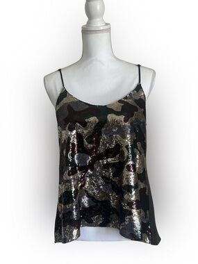 Sequin Camo Y2K Tank Top Small Adjustable Straps Festival Concert Festival Glam